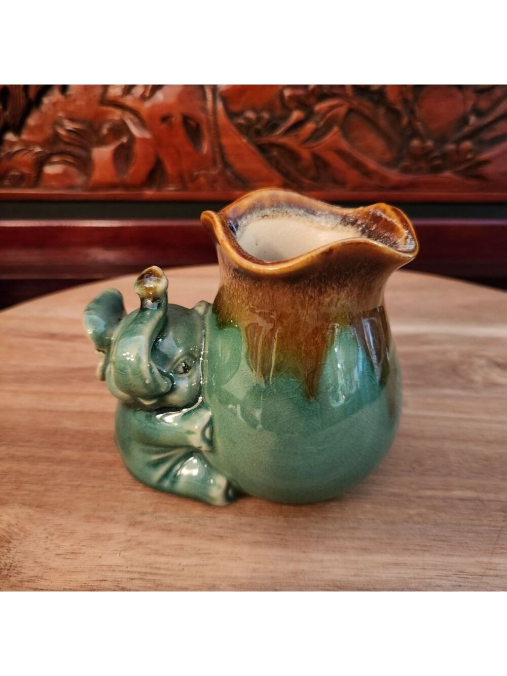 Hand-Glazed Ceramic Elephant Succulent Vase Green & Brown Boho Accent Decor